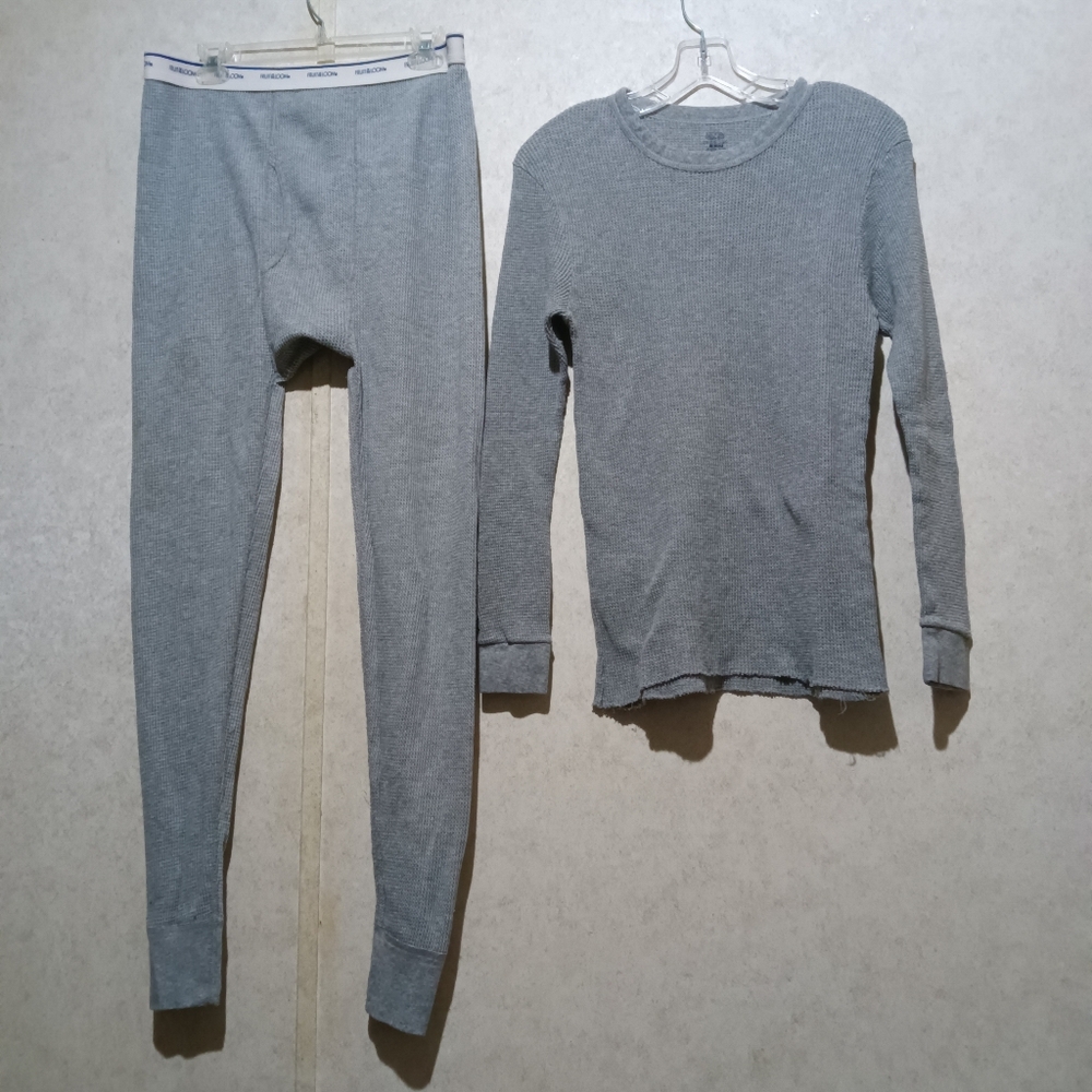 Fruit of the Loom grey waffle pattern long john top with bottoms size XL